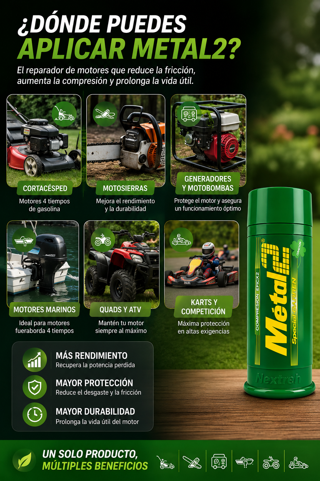 METAL2 Verde Garden — Reparador para Motores Pequeños de Jardín y Ocio