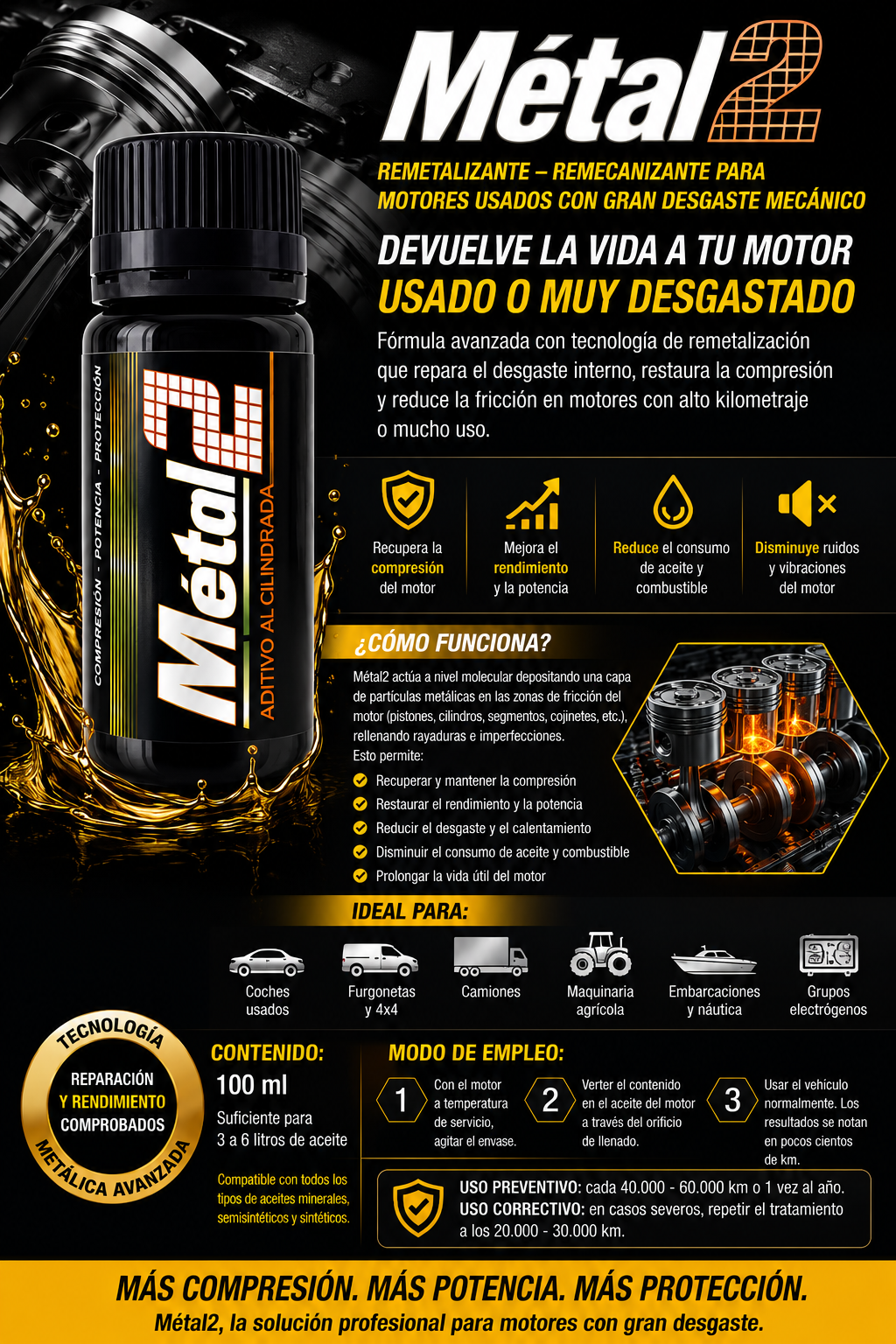 METAL2 Negro — Reparador Profesional para Motores Grandes y Alto Desgaste